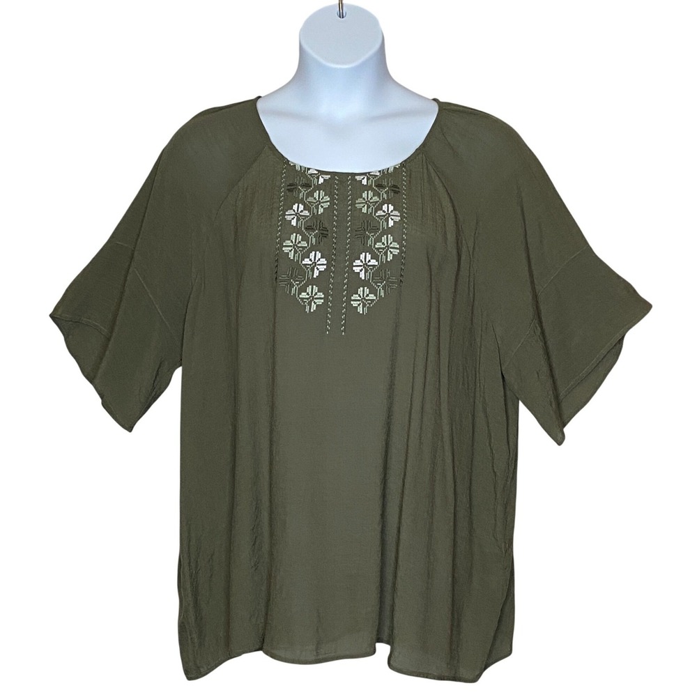 CJ Banks Womens Embroidered Top Plus Size 2X Olive Green Boho Peasant Folk NWT